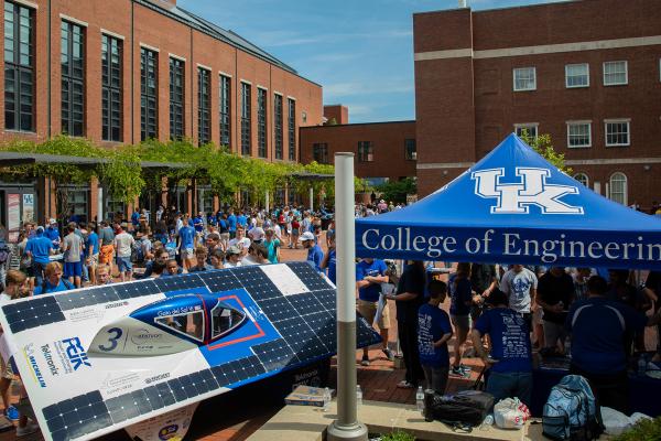 Engineering Quad with Solar Car and Tent.